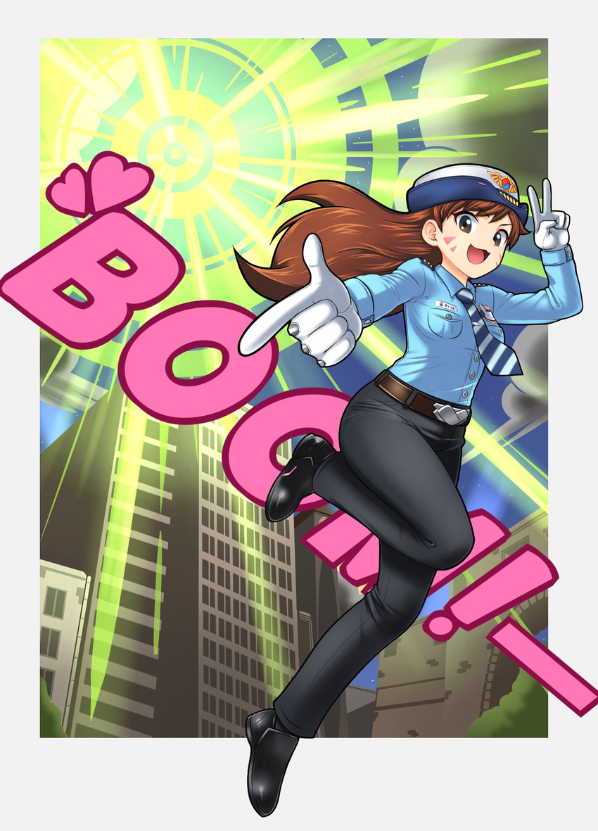 :3 :d belt black_footwear black_pants blue_necktie blue_shirt border breast_pocket brown_eyes brown_hair building collared_shirt commentary_request d.va_(overwatch) dress_shirt eron female female_service_cap finger_gun from_side full_body gloves hat heart highres korean_commentary leg_up long_hair long_sleeves looking_at_viewer national_police_agency_(south_korea) necktie officer_d.va open_mouth outside_border outstretched_arm overwatch overwatch_1 pants pocket police police_uniform policewoman shirt smile solo sound_effects striped striped_necktie uniform v v-shaped_eyebrows white_gloves wing_collar