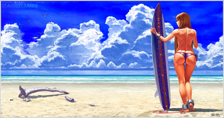 ass back bad_id bad_pixiv_id barefoot beach bikini bikini_bottom_only bird blonde_hair blue_sky cloud cuffs day female holding holding_surfboard horns hoshiguma_yuugi long_hair maco_(macoillust) ocean outdoors purple_bikini shackles single_horn sky solo surfboard surfboard_leash swimsuit toned topless touhou very_long_hair