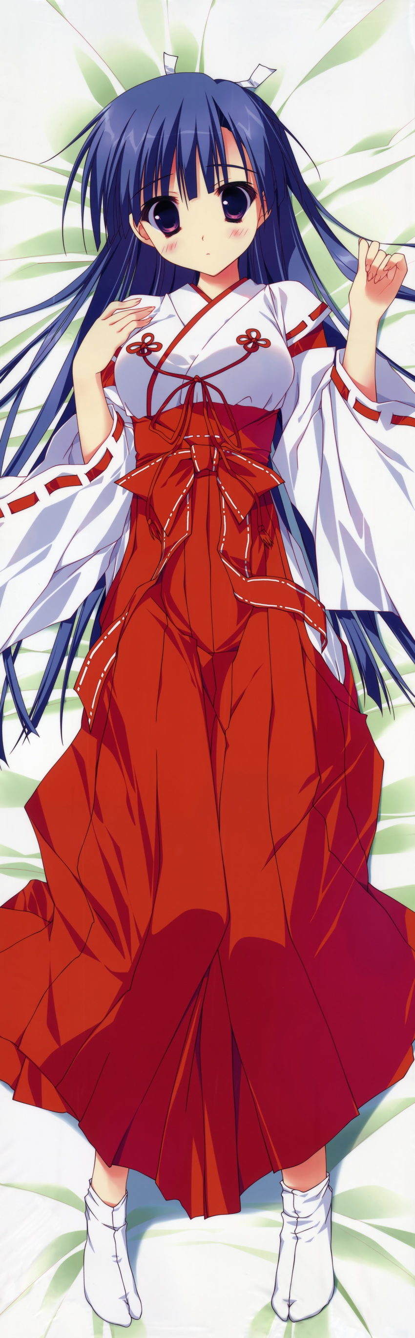 absurdres blue_hair dakimakura female hakama highres hoshizora_e_kakaru_hashi japanese_clothes koumoto_madoka long_hair long_image lying miko on_back purple_eyes ryouka_(suzuya) solo tall_image