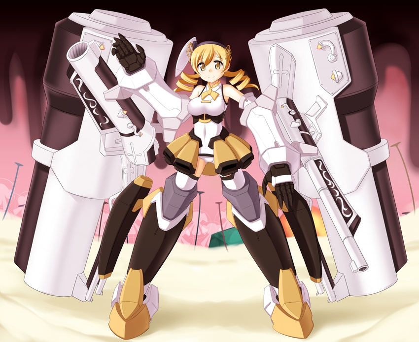 blonde_hair bodysuit commentary_request drill_hair female hat infinite_stratos leotard long_hair mahou_shoujo_madoka_magica mahou_shoujo_madoka_magica_(anime) mecha_musume nekomanma_(byougatei) pilot_suit season_connection solo tomoe_mami tomoe_mami_(magical_girl) twin_drills twintails witch's_labyrinth yellow_eyes