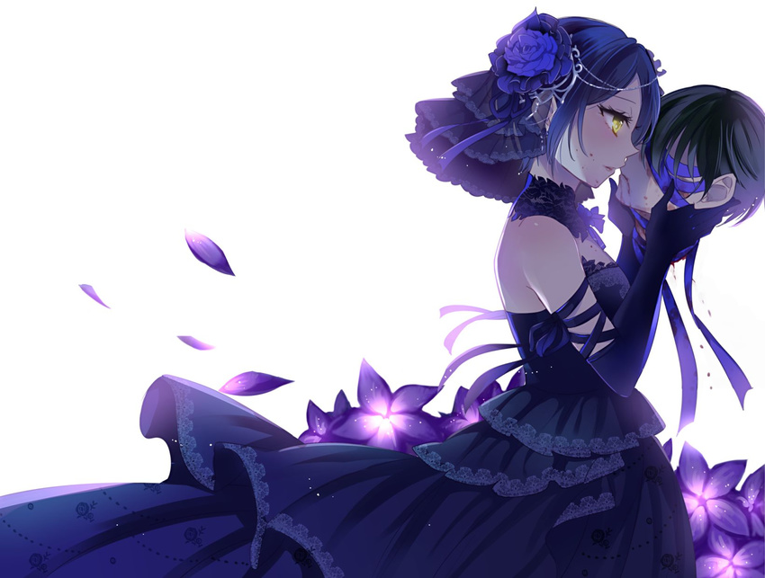 1boy bare_shoulders black_hair blindfold blood blood_on_face blue_dress blue_flower blue_hair blue_rose bow commentary_request death dress earrings elbow_gloves female flower gloves hair_ornament hand_on_another's_face hayami_kanade highres idolmaster idolmaster_cinderella_girls jewelry lace light_smile looking_at_another parted_lips petals producer_(idolmaster) producer_(idolmaster_cinderella_girls_anime) ribbon rose severed_head short_hair simple_background straight wemu_(ivycrown) yandere yellow_eyes