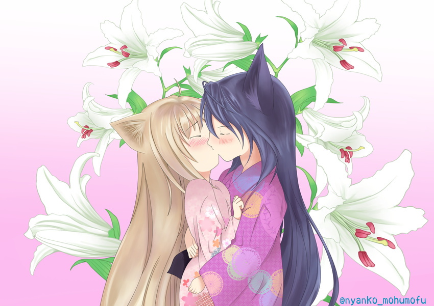 2girls ahoge animal_ears bad_id bad_pixiv_id blonde_hair blush closed_eyes commentary_request floral_print flower fox_ears hug japanese_clothes kimono kissing konohana_kitan lily_(flower) long_hair multiple_girls sanya_v-litvyak_(artist) satsuki_(konohana_kitan) traditional_clothes twitter_username yuri yuzu_(konohana_kitan)