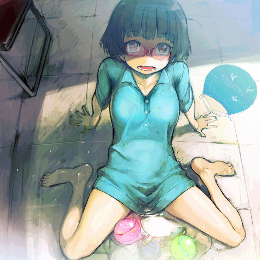 arm_support barefoot black_hair blush bottomless brown_eyes chair commentary_request feet female from_above glasses hand_fan highres kurimoto_shiina leaning_back namaniku_atk open_mouth paper_fan phenomeno photoshop_(medium) red-framed_eyewear shirt short_hair sitting solo uchiwa wariza water_balloon