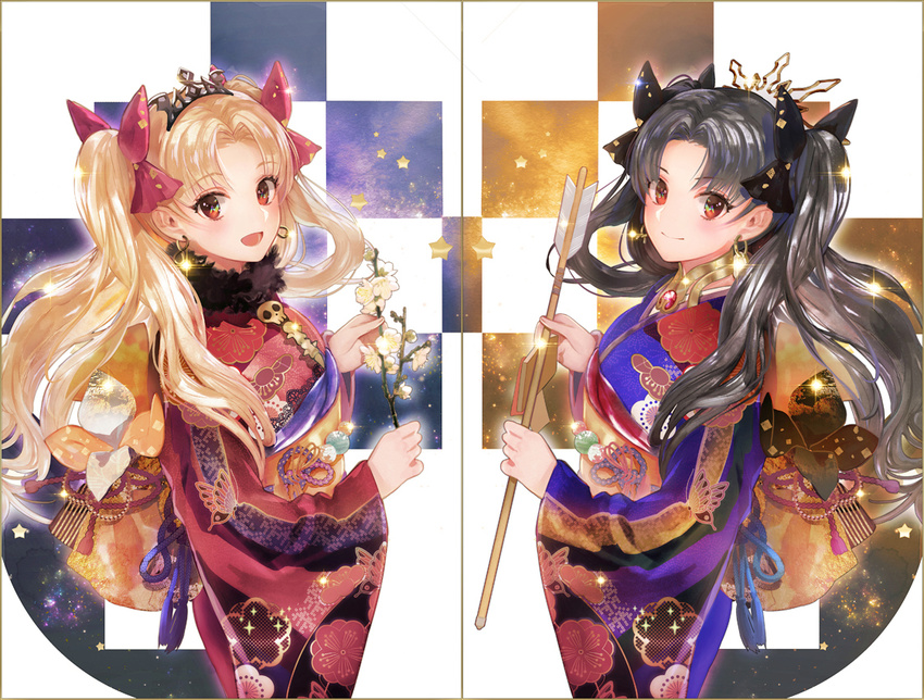 2girls black_hair blonde_hair ereshkigal fate/grand_order fate_(series) headdress ishtar_(fate/grand_order) japanese_clothes kimono long_hair red_eyes shutsuri twintails