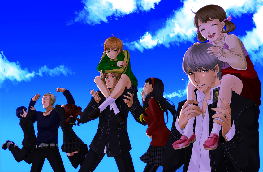 3boys 5girls amagi_yukiko black_hair blue_hair brown_hair carrying chiru_(sanifani) cloud commentary_request day doujima_nanako flexing grey_hair hairband hanamura_yousuke happy jacket kujikawa_rise laughing multiple_boys multiple_girls narukami_yuu persona persona_4 reverse_trap satonaka_chie school_uniform shirogane_naoto short_twintails shoulder_carry sky smile standing tatsumi_kanji track_jacket twintails