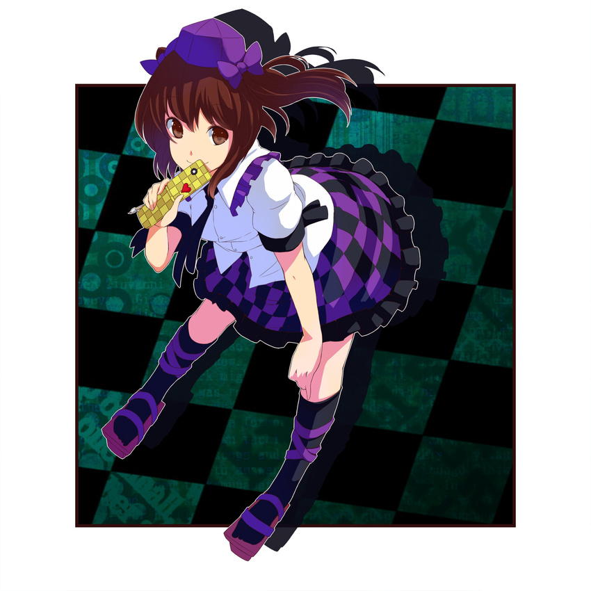 bad_id bad_pixiv_id bow brown_eyes brown_hair camera_phone cellphone checkered_clothes checkered_floor checkered_skirt covering_own_mouth female geta hand_on_own_knee hat highres himekaidou_hatate phone shirt skirt smile solo touhou tsuttsu twintails white_shirt