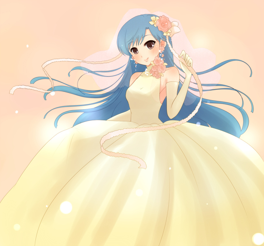 blue_hair brown_eyes commentary_request dress elbow_gloves female flower gloves gown highres idolmaster idolmaster_(classic) kisaragi_chihaya long_hair maiko_(yoshida308) pink_flower pink_rose rose solo wedding_dress