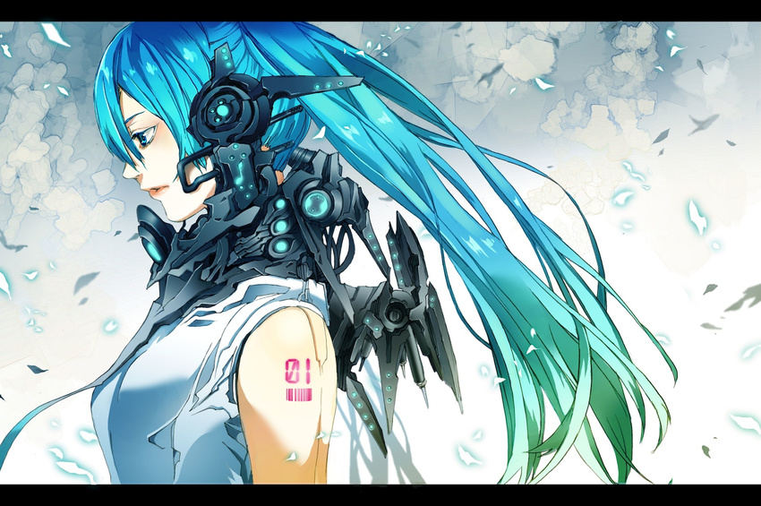 android blue_eyes blue_hair commentary_request female hatsune_miku highres kippeijii letterboxed long_hair necktie photoshop_(medium) solo vocaloid