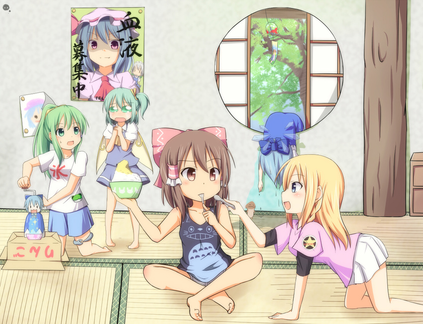 5girls :d all_fours alternate_costume ascot barefoot blonde_hair blue_eyes blue_hair blush bow braid breasts brown_hair casual cirno commentary_request contemporary crawling crying daiyousei drawing_(object) dress dying eating fairy_wings food food_theft frog_hair_ornament green_hair hair_ornament hair_tubes hairbow hakurei_reimu ice ice_shaver ice_wings indian_style izayoi_sakuya kirisame_marisa kochiya_sanae medium_breasts melting miniskirt multiple_girls mushroom nameko_(osawari_tantei) nitizyo open_mouth own_hands_clasped own_hands_together ponytail poster_(object) puffy_short_sleeves puffy_sleeves purple_eyes red_eyes remilia_scarlet round_window shaved_ice shirt short_sleeves shorts side_ponytail single_braid sitting skirt smile snake spoon sweatdrop t-shirt tank_top tatami themed_object toes touhou undershirt wind_chime window wings