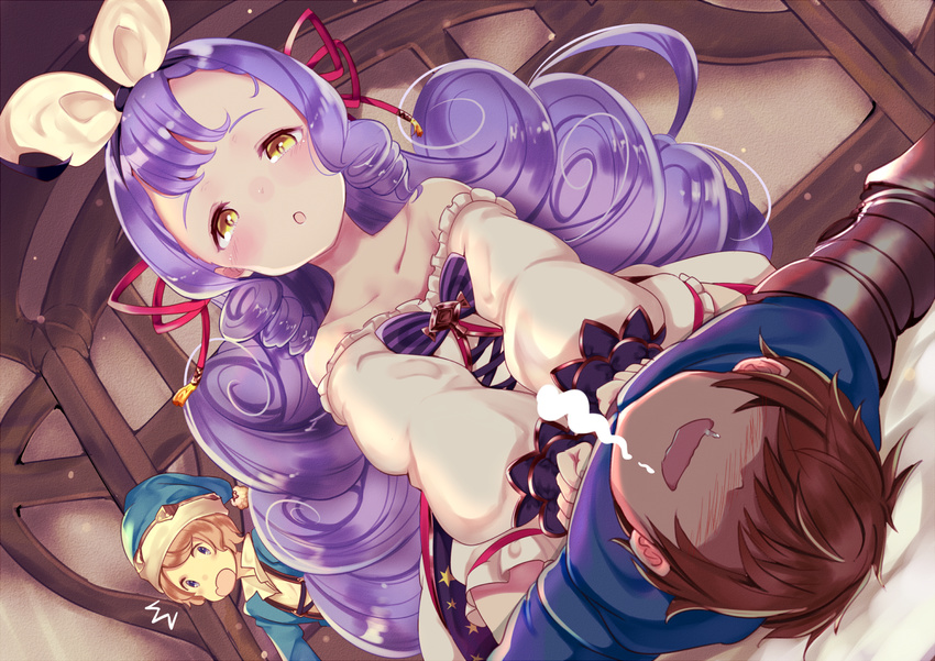 2boys :o ^^^ amacha armor bare_shoulders blue_hat blush brown_eyes brown_hair clenched_hands collarbone commentary dress drooling dutch_angle ear_blush faceless faceless_male female frilled_dress frills gran_(granblue_fantasy) granblue_fantasy hairband hat indoors long_hair looking_at_another lying morphe_(granblue_fantasy) multiple_boys off-shoulder_dress off_shoulder on_back open_mouth outstretched_arms phoebe_(granblue_fantasy) purple_eyes purple_hair saliva shaded_face short_hair straddling very_long_hair white_dress