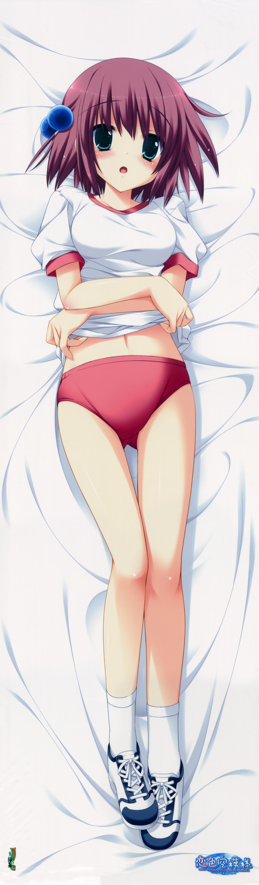 absurdres blue_eyes buruma dakimakura_(medium) female full_body gym_uniform hair_bobbles hair_ornament hashimoto_yuuki highres koiiro_soramoyou legs lucie lying on_back open_mouth purple_hair red_buruma shoes short_hair solo undressing