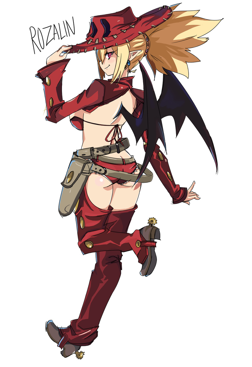 ass bat_wings bikini bikini_top_only blonde_hair breasts chaps character_name cosplay cutoffs detached_sleeves disgaea earrings female full_body gunslinger_(disgaea) gunslinger_(disgaea)_(cosplay) hat highres holster jewelry kekekeke large_breasts long_hair makai_senki_disgaea_2 makai_senki_disgaea_3 pointy_ears red_bikini red_eyes rozalin short_shorts shorts sideboob solo spurs swimsuit transparent_background wings