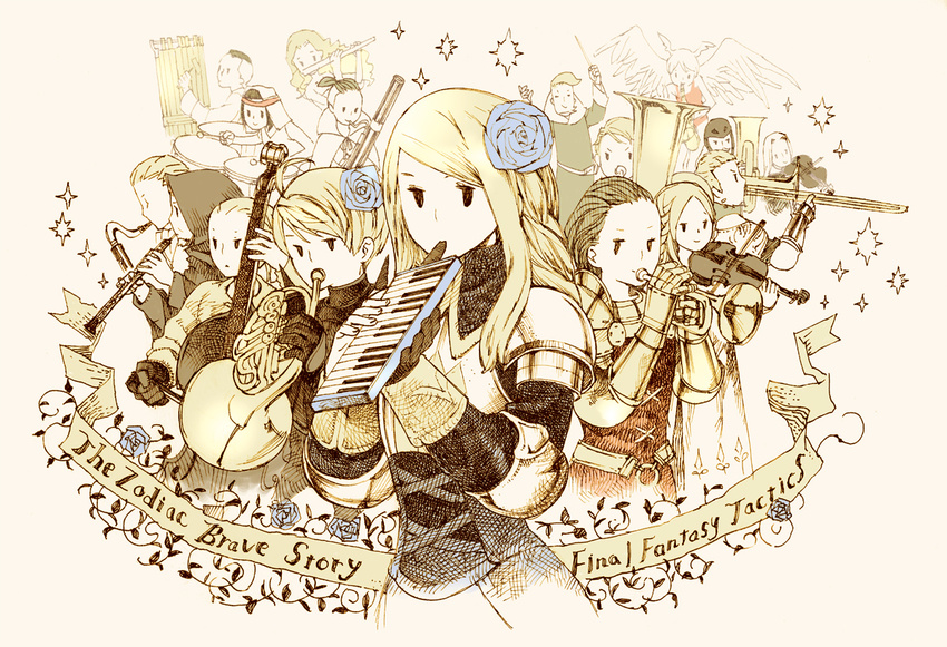 agrias_oaks ahoge angel_wings armor atsuko_(thebluewar) band bass_clarinet bassoon beige_background belt blonde_hair bow_(music) chimes_(instrument) cidolfus_orlandeau clarinet cloak commentary_request conductor conductor_baton copyright_name delita_heiral double_bass drum dycedarg_beoulve euphonium final_fantasy final_fantasy_tactics flower flute french_horn gauntlets gloves hair_flower hair_ornament head_wings hood hooded_cloak instrument keyboard_(instrument) long_hair mallet_(instrument) marach_galthena melodica multiple_boys multiple_girls music mustadio_bunansa oboe ovelia_atkascha playing_instrument ponytail ramza_beoulve rapha_galthena saxophone shoulder_pads simple_background sparkle stick timpani trombone trumpet tuba tubular_bells_(instrument) ultima_(fft) upper_body veil violin white_hair wings