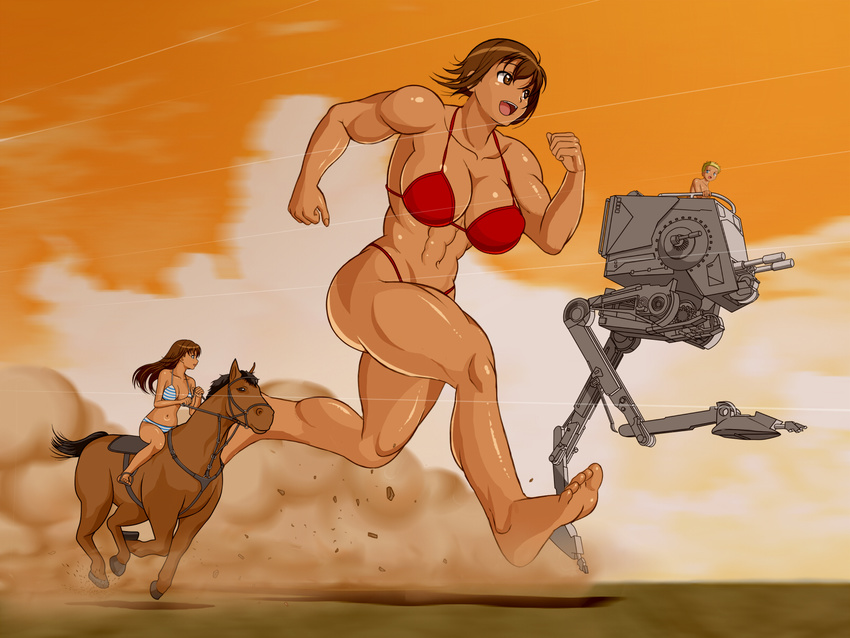 1boy 2girls abs artistic_error at-st barefoot bikini blue_eyes breasts brown_eyes brown_hair commentary_request debris dirt dust_cloud galactic_empire giant giantess highres horse horseback_riding issei_(sakito) large_breasts legs long_hair looking_afar looking_at_another looking_to_the_side looking_up mecha military military_vehicle mother_and_daughter mother_and_son motion_lines multiple_girls muscular muscular_female non-humanoid_robot obliques open_mouth original red_bikini reverse-jointed_legs riding robot running saddle science_fiction short_hair size_difference smile soles speed_lines spiked_hair star_wars striped_bikini striped_clothes sunset swimsuit tan thighs walker_(robot) what