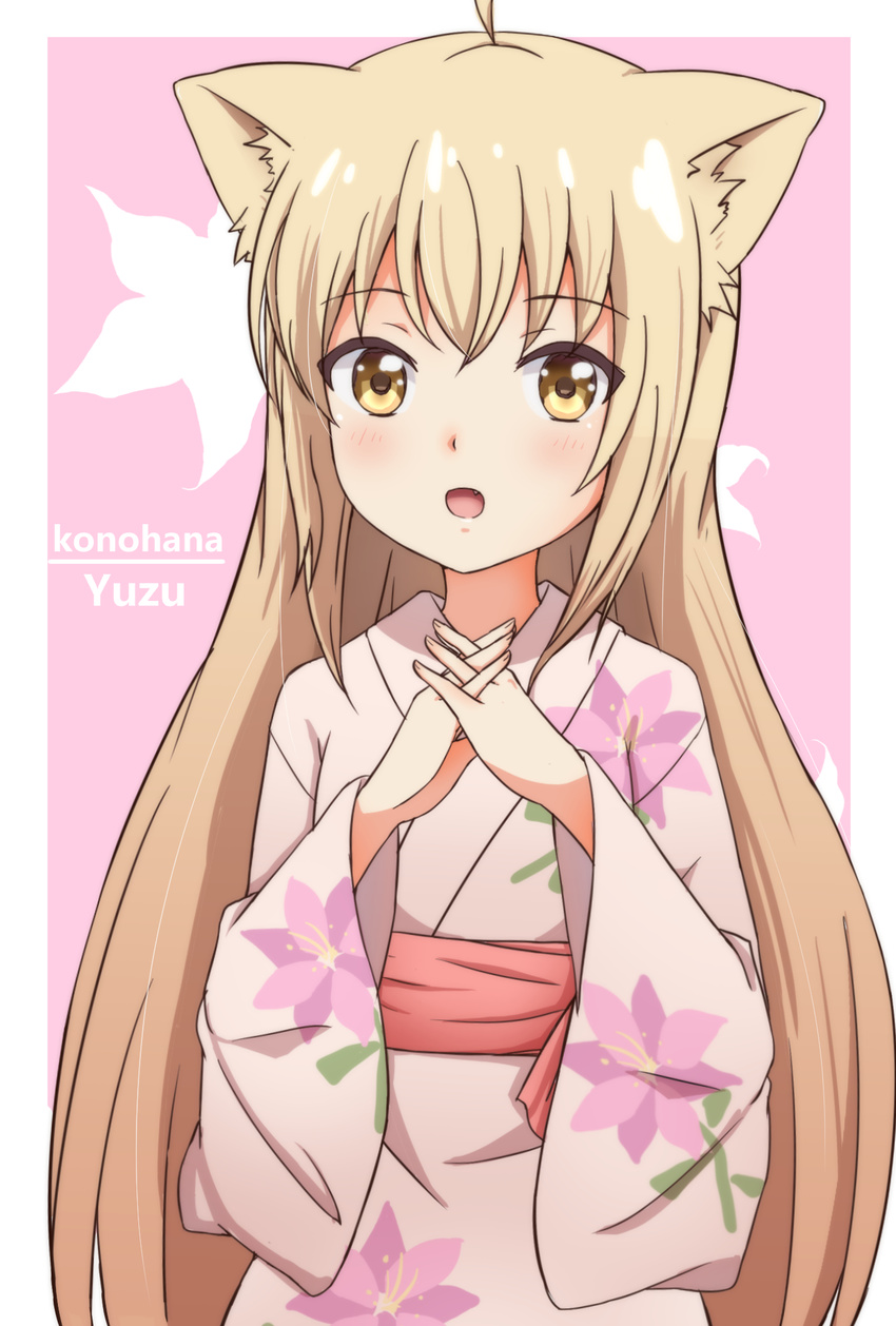 :d animal_ears blonde_hair blush character_name commentary_request copyright_name female fingernails floral_print fox_ears hair_between_eyes highres interlocked_fingers japanese_clothes kimono konohana_kitan long_hair looking_at_viewer oerba_yun_fang open_mouth pink_background pink_kimono print_kimono smile solo two-tone_background very_long_hair white_background x-6 yellow_eyes yuzu_(konohana_kitan)