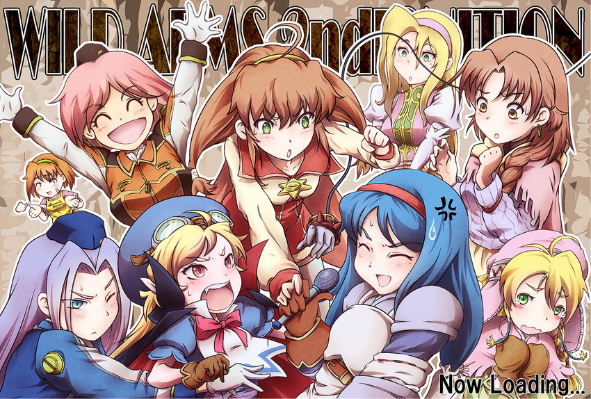 6+girls :d :o ^_^ ahoge altaecia_valeria amy_fairchild anastasia_valeria anger_vein angry apron bandages belt blonde_hair blue_hair blue_hat blush bow braid brown_background brown_eyes brown_hair cape closed_eyes colette_mapleleaf commentary_request copyright_name everyone gloves goggles goggles_on_head green_eyes group_picture hair_over_shoulder hairband happy hat kate_lindberg kyoutsuu_gengo lilka_eleniak long_hair long_sleeves low-tied_long_hair marina_irington marivel_armitage microphone multiple_girls oerba_yun_fang open_mouth pink_hair pink_hairband pointy_ears purple_hair red_eyes red_hairband ribbon shawl shirt short_hair smile surprised sweatdrop sweater tears thighhighs twintails uniform wild_arms wild_arms_2 yellow_hairband