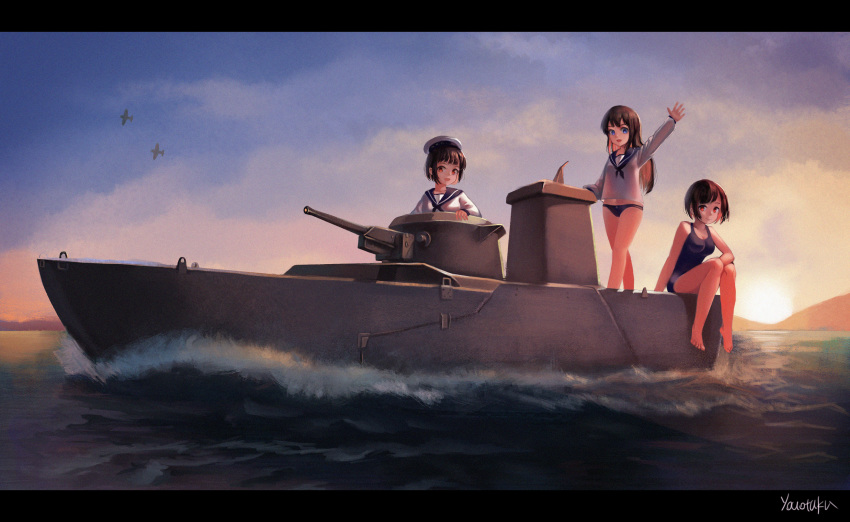 3girls absurdres aircraft airplane arm_up bad_id bad_pixiv_id barefoot black_panties blue_eyes boat breasts brown_hair cannon cloud commentary_request dusk hat highres legs letterboxed long_hair military military_vehicle motor_vehicle multiple_girls no_pants ocean on_vehicle one-piece_swimsuit open_mouth original outdoors panties photoshop_(medium) red_eyes sailor_hat school_swimsuit school_uniform serafuku shirt short_hair sitting sky smile special_type_2_launch_ka-mi sun sunset swimsuit tank toes turret underwear vehicle_focus water watercraft waving white_headwear white_shirt youotaku