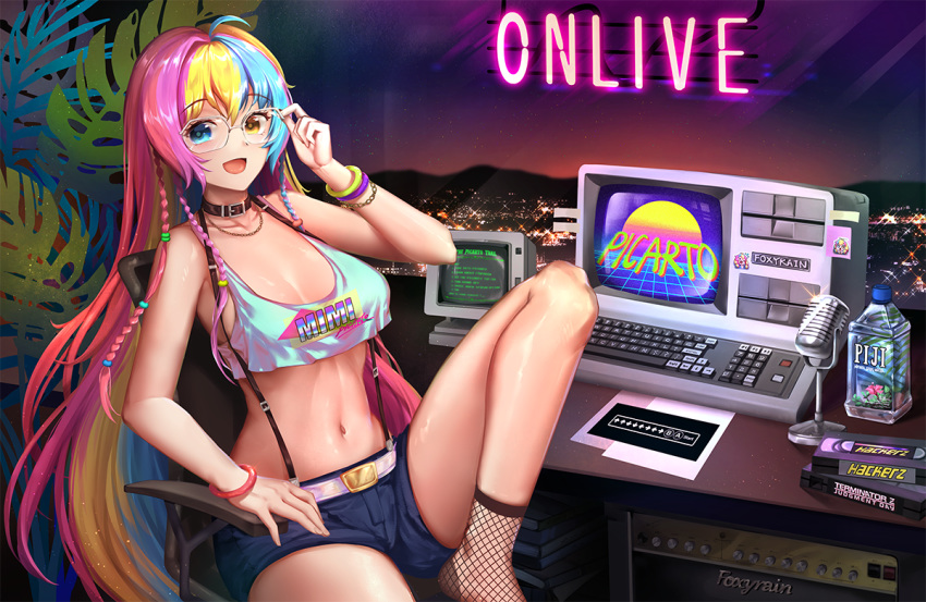 :d adjusting_eyewear ahoge amplifier bad_id bad_pixiv_id bare_shoulders belt black_choker blue_eyes blue_shorts blush bracelet braid breasts chain_necklace chains chair choker cityscape computer computer_keyboard crop_top crop_top_overhang denim denim_shorts desk eyelashes female fiji_water fishnet_socks fishnets floppy_disk foxyreine glasses gradient_hair heterochromia jewelry knee_up konami_code large_breasts long_hair looking_at_viewer mascot microphone microphone_stand midriff mimi_(picarto.tv) monitor multicolored_hair navel necklace night night_sky note office_chair on_chair open_mouth parody picarto.tv plant potted_plant retro_artstyle shiny_skin shirt short_shorts shorts sitting sky sleeveless sleeveless_shirt smile socks solo star_(symbol) steam sticker stomach suspenders swivel_chair tank_top terminator_(series) terminator_2:_judgment_day thighs vaporwave very_long_hair videocassette yellow_eyes