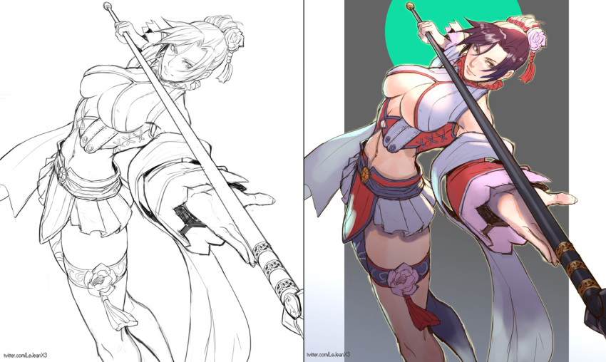 breasts cleavage closed_mouth commentary commission female line_art looking_at_viewer miniskirt partially_colored pili_budaixi pili_fantasy rejean_dubois short_hair simple_background sin-tshan-kiong skirt solo weapon white_background