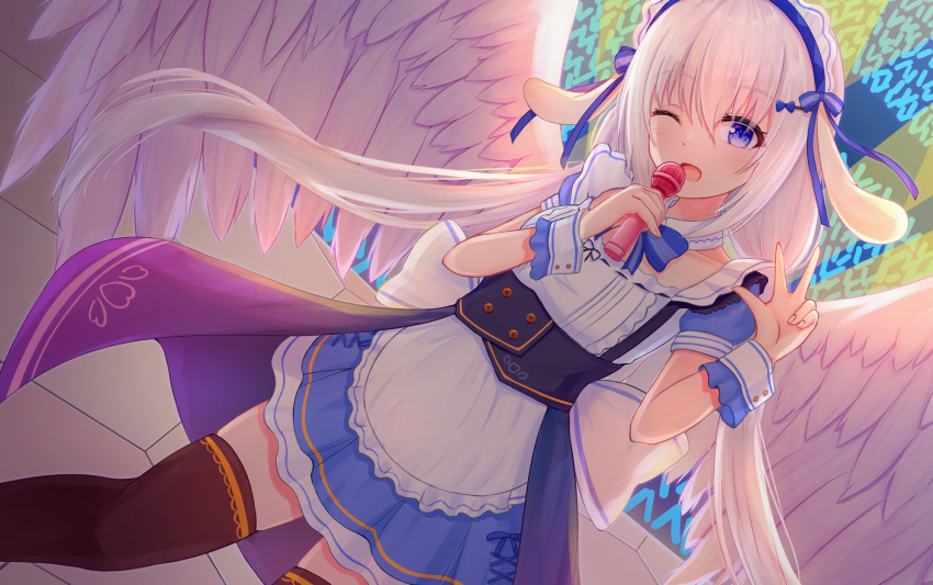 ;o angel angel_wings black_thighhighs blue_eyes feathered_wings female hair_between_eyes hair_ornament hairband highres hikkyou long_hair looking_at_viewer maid masquerade_channel microphone one_eye_closed open_mouth smile solo tenshi_nano thighhighs v virtual_youtuber white_hair wings