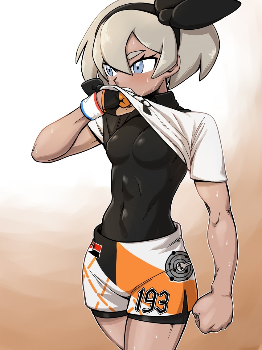 bea_(pokemon) black_bodysuit black_hairband blush bodysuit bodysuit_under_clothes bow_hairband breasts clenched_hand clothes_lift commentary_request covered_abs covered_navel dynamax_band female gloves grey_eyes grey_hair hair_between_eyes hairband highres korean_commentary lifting_own_clothes nutkingcall outline partially_fingerless_gloves pokemon pokemon_swsh print_shorts protected_link shirt shirt_lift short_hair short_sleeves shorts side_slit side_slit_shorts single_glove solo sweat