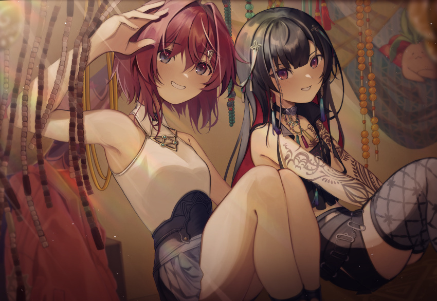 2girls absurdres amanai_daisy ange_katrina ange_katrina_(2nd_costume) arm_tattoo armpits bad_id bad_pixiv_id beads black_camisole black_choker black_hair black_legwear black_shorts black_skirt blue_eyes blush breasts camisole choker collared_shirt colored_inner_hair commentary crop_top earrings glint grin hair_between_eyes hair_ornament hairclip highres jacket jewelry legs_together light_rays long_hair looking_at_viewer mandragora miniskirt multicolored_hair multiple_girls necklace nijisanji nijisanji_in noor_(nijisanji) red_eyes red_hair red_jacket shirt short_hair short_shorts shorts sitting skirt sleeveless sleeveless_shirt small_breasts smile straight_hair sunlight tassel tassel_earrings tattoo thighhighs thighs two-tone_hair underbust unworn_jacket virtual_youtuber white_shirt wing_collar zettai_ryouiki