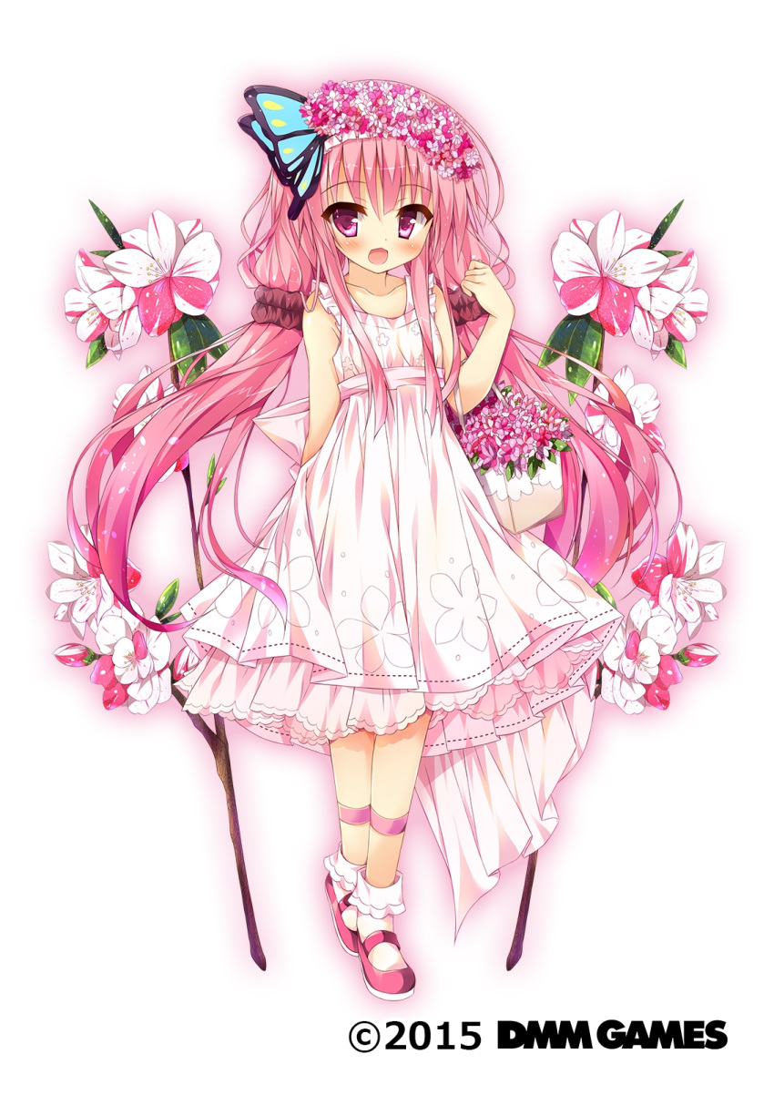 :d ankle_strap arm_behind_back basket blush butterfly_hair_ornament collarbone copyright_name dmm dress female flower flower_basket flower_knight_girl full_body hair_flower hair_ornament hair_scrunchie hanamomo_(flower_knight_girl) highres huei_nazuki long_hair looking_at_viewer low_twintails mary_janes name_connection object_namesake official_art open_mouth pink_eyes pink_footwear pink_hair scrunchie shoes sleeveless sleeveless_dress smile socks solo standing striped twintails vertical_stripes white_background white_dress white_flower white_socks