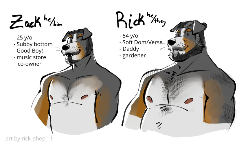 2023 absurd_res age_difference anthro beard belly black_hair body_hair canid canine canis chest_hair digital_media_(artwork) domestic_dog duo english_text eyebrows facial_hair father_(lore) father_and_child_(lore) father_and_son_(lore) good_boy hair hi_res male mammal mature_anthro mature_male model_sheet moustache nipples parent_(lore) parent_and_child_(lore) parent_and_son_(lore) pronouns rick_(rick_shep) rick_shep son_(lore) stated_adult stated_age text whiskers zack_(rick_shep)