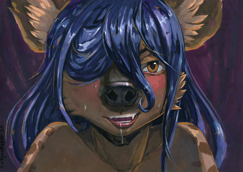 2023 anthro black_nose blue_hair brown_body brown_ears brown_fur brown_spots elza_(interspecies_reviewers) fangs female front_view fur gouache_(artwork) gtf_crossgender gynomorph_(lore) hair hair_over_eye hi_res hyena interspecies_reviewers itf_crossgender lips mammal markings one_eye_obstructed open_mouth painting_(artwork) rule_63 satynapaper signature solo spots spotted_body teeth traditional_media_(artwork)