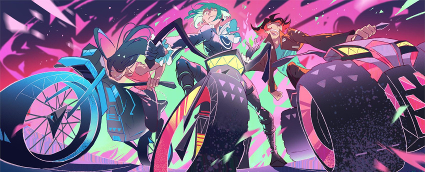 3boys ascot black_hair commentary_request dune_buggy felicia_chen fire green_fire green_hair gueira highres jacket leather leather_jacket lio_fotia long_hair mad_burnish male_focus meis_(promare) motor_vehicle motorcycle multiple_boys pink_fire promare purple_eyes purple_fire red_hair