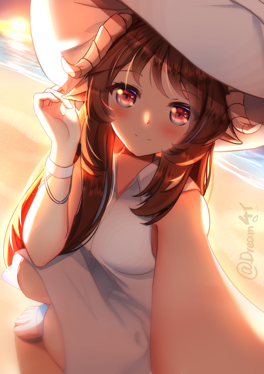 absurdres animal_ears arknights beach blush breasts brown_hair collared_dress curled_horns day dream41 dress eyjafjalla_(arknights) female highres horns long_hair looking_at_viewer outdoors reaching reaching_towards_viewer red_eyes sandals selfie sheep_ears sheep_horns sleeveless sleeveless_dress smile solo white_dress wristband