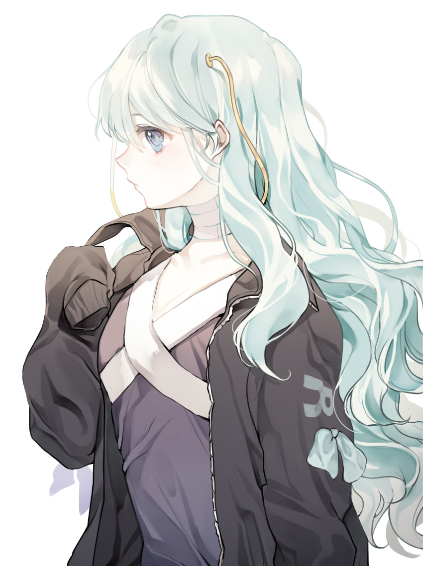 absurdres bangs black_jacket blue_eyes blue_hair closed_mouth collarbone commentary_request eyebrows_visible_through_hair female girls_frontline hair_between_eyes highres jacket long_hair long_sleeves looking_away open_clothes open_jacket profile purple_shirt rang_ji7 ribeyrolles_1918_(girls_frontline) shirt sleeves_past_fingers sleeves_past_wrists solo upper_body very_long_hair white_background