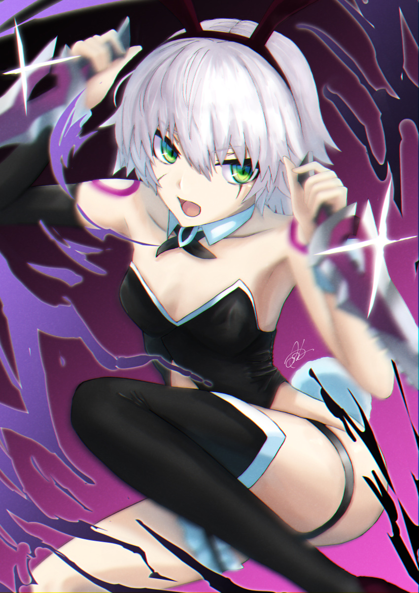 absurdres alternate_costume bare_shoulders black_leotard black_panties black_thighhighs black_vest breasts cropped_vest dual_wielding fate/apocrypha fate/grand_order fate_(series) female green_eyes hair_between_eyes highres holding jack_the_ripper_(fate/apocrypha) leotard looking_at_viewer open_mouth panties playboy_bunny scar scar_across_eye scar_on_cheek scar_on_face shiina_aono short_hair shoulder_tattoo signature slit_pupils small_breasts solo strapless strapless_leotard tattoo thighhighs underwear vest white_hair