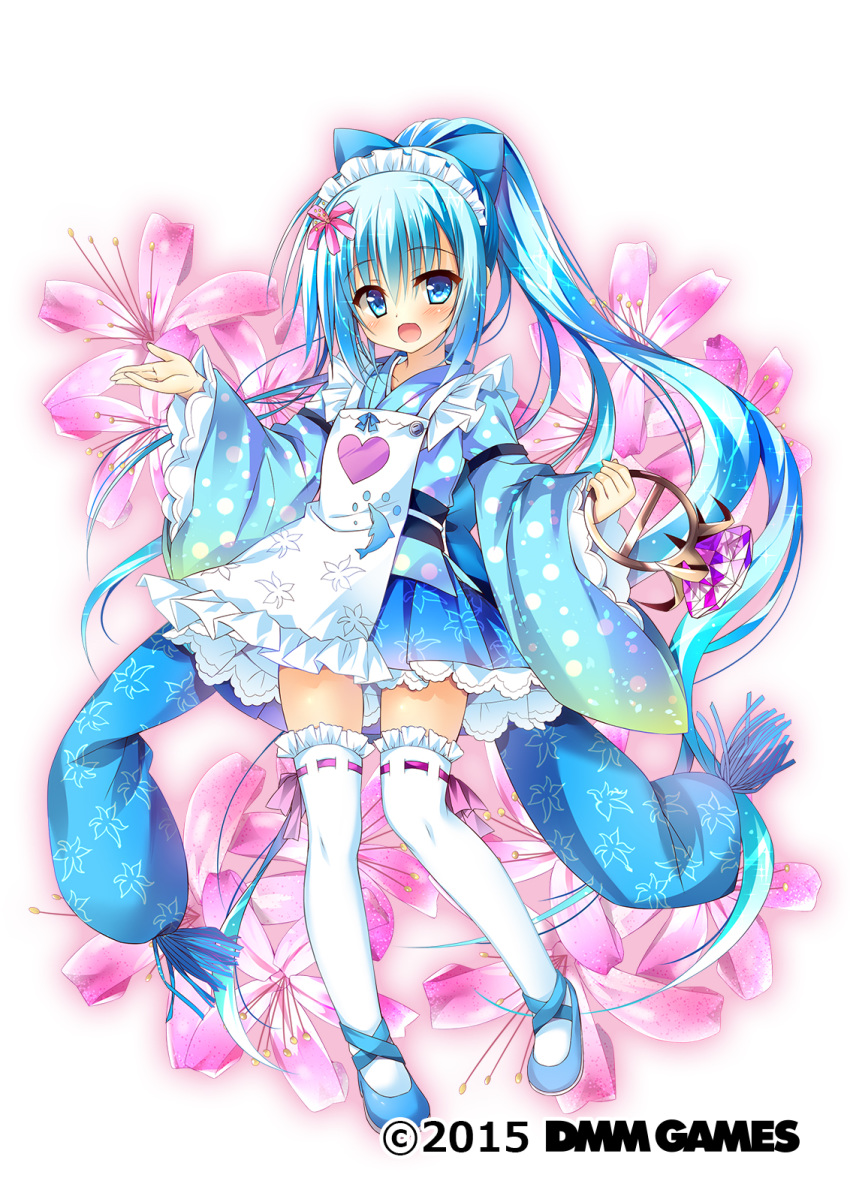 2015 :d absurdly_long_hair apron blue_bow blue_dress blue_eyes blue_footwear blue_hair blue_kimono blue_skirt blush bow copyright_name dmm dolphin_print dress female floral_background flower flower_knight_girl frilled_thighhighs frills full_body gem gradient_background hair_flower hair_ornament hairbow heart heart_print high_ponytail highres holding huei_nazuki japanese_clothes jewelry kimono long_hair long_sleeves looking_at_viewer maid_headdress name_connection nerine_(flower) nerine_(flower_knight_girl) object_namesake official_art open_mouth pink_flower ponytail print_apron ribbon-trimmed_legwear ribbon_trim short_kimono sidelocks skirt smile solo standing thighhighs very_long_hair white_apron white_background white_thighhighs wide_sleeves yukata zettai_ryouiki