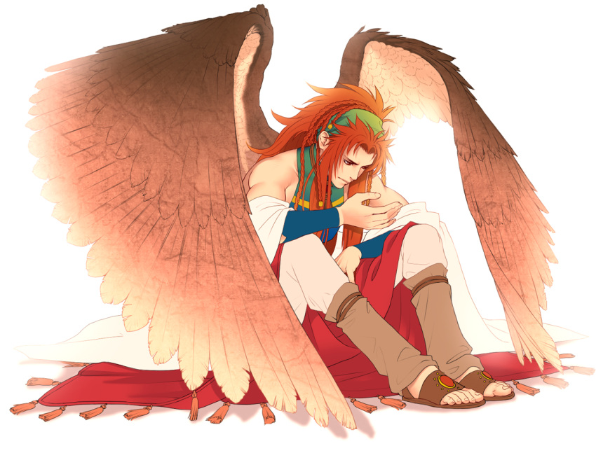 1boy braid feathered_wings hairband harukanaru_toki_no_naka_de harukanaru_toki_no_naka_de_4 kiske large_wings long_hair male_focus multiple_braids red_eyes red_hair sandals sazaki sitting solo toes toned toned_male wings