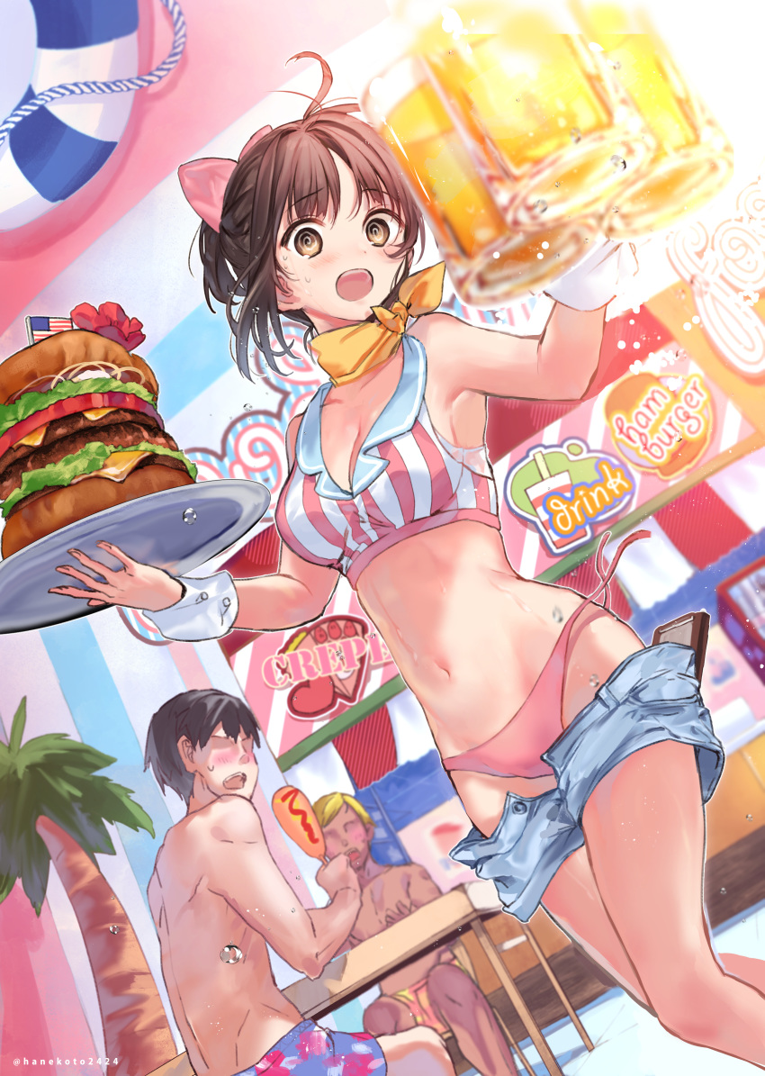 2boys @_@ absurdres ahoge alcohol american_flag armpits bare_arms bare_shoulders beer bikini bikini_day black_hair blonde_hair bow breasts brown_eyes brown_hair burger cleavage commentary_request corn_dog cup denim denim_shorts doukyuusei_(hanekoto) drinking_glass dutch_angle faceless faceless_male female food hairbow handkerchief hanekoto highres holding holding_tray large_breasts looking_at_viewer mini_flag multiple_boys navel open_fly open_mouth original oversized_food oversized_object pink_bikini pink_bow short_hair short_shorts shorts side-tie_bikini_bottom solo_focus standing stomach striped_bikini striped_clothes sweat swimsuit thighs tray untied_bikini vertical_stripes waitress wing_collar wrist_cuffs