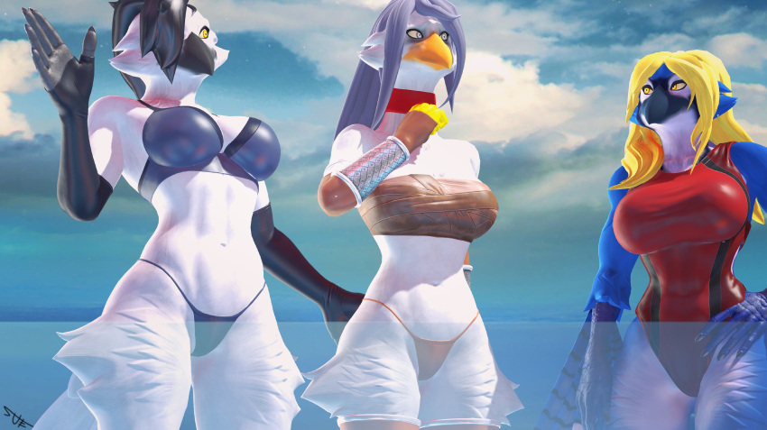 3d_(artwork) absurd_res anthro armwear ass avian beak bikini bird bird_(petruz) black_hair blonde_hair blue_jay bra bracelet breasts butt_grab clothed clothing corvid digital_media_(artwork) feathers female florian_angela group hair hand_on_butt heron hi_res jay_(bird) jewelry long_hair long_neck muscular muscular_female new_world_jay non-mammal_breasts oscine passerine pelecaniform petruz_(copyright) short_hair skimpy sueliz swimwear trio underwear water yellow_beak