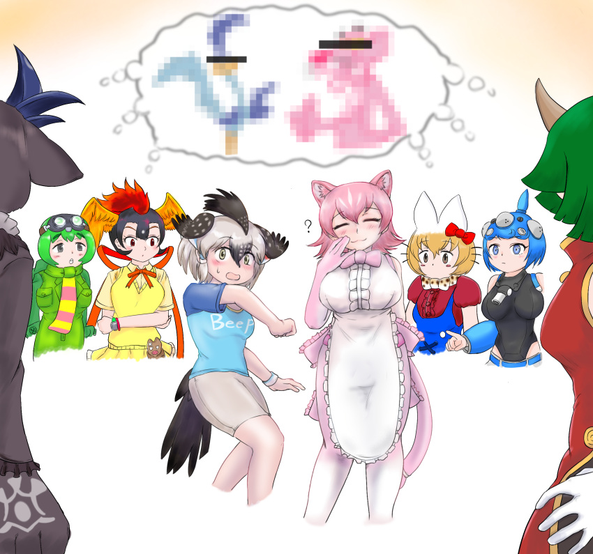 6+girls ? absurdres alternate_form animal_ears animal_hands apron bike_shorts bird_wings black_hair black_sclera blonde_hair blue_hair bow bowtie brown_hair censored center_frills china_dress chinese_clothes closed_eyes closed_mouth clothes_writing colored_inner_hair colored_sclera commentary_request cropped_legs crossed_arms crossover debidebi_debiru debiru-sama draco_centauros dress elbow_gloves frills gachapin ghost_in_the_shell gloves goggles goggles_on_head greater_roadrunner_(kemono_friends) green_hair grey_hair hair_between_eyes hair_ornament head_wings hello_kitty hi_no_tori hi_no_tori_(kemono_friends) highres hirake!_ponkikki horns identity_censor imagining kemono_friends kemono_friends_3 leotard looking_at_another looney_tunes medium_hair mosaic_censoring multicolored_hair multiple_crossover multiple_girls nijisanji overalls panther_ears panther_girl panther_tail peach_panther_(kemono_friends) pink_hair puyopuyo red_hair road_runner_(looney_tunes) saja_(166j357) sanrio scarf serval_(kemono_friends) shared_thought_bubble shirt short_hair short_sleeves smile standing sweater_vest t-shirt tachikoma_type-s_(kemono_friends) the_pink_panther the_pink_panther_(character) thought_bubble virtual_youtuber white_hair wings