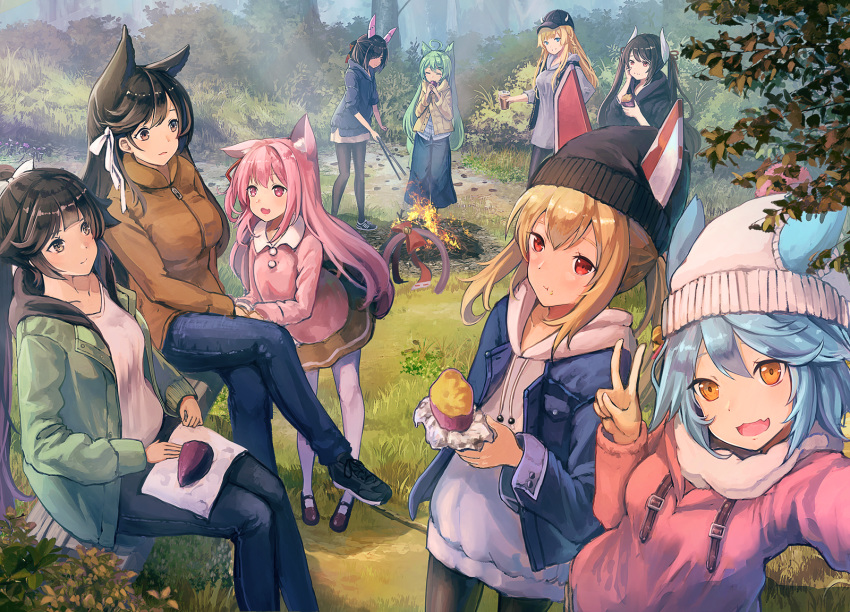 6+girls ahoge akashi_(azur_lane) alternate_costume animal_ear_fluff animal_ears atago_(azur_lane) ayanami_(azur_lane) azur_lane baseball_cap black_hair black_pantyhose blonde_hair blue_eyes blue_hair blunt_bangs breasts brown_eyes casual cat_ears cat_tail commentary_request diagonal_bangs drawstring eating extra_ears fire food food_on_face forest fubuki_(azur_lane) green_hair hair_flaps hair_over_one_eye hair_ribbon half_updo haruna_(azur_lane) hat headgear highres hood hood_down horns jacket kisaragi_(azur_lane) kongou_(azur_lane) large_breasts long_hair long_sleeves looking_at_another looking_at_viewer medium_breasts multiple_girls nature oerba_yun_fang open_clothes open_jacket open_mouth outdoors pantyhose pink_eyes pink_hair ponytail red_eyes ribbon roasted_sweet_potato selfie shiranui_(azur_lane) short_hair skin_fang skirt sweet_potato swept_bangs tail takao_(azur_lane) twintails v white_pantyhose yellow_eyes yu_ni_t