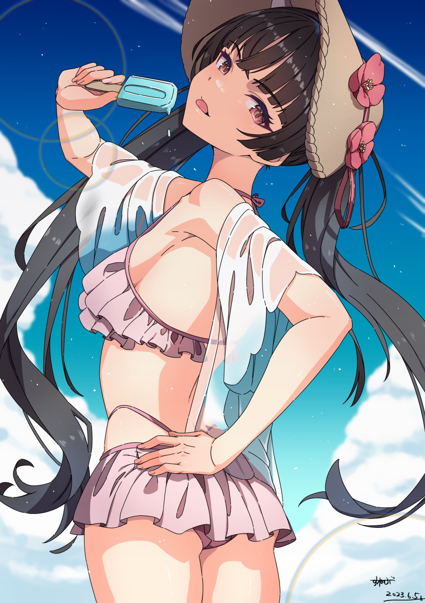 absurdres azur_lane bikini bikini_skirt black_hair blush breasts commentary_request female food frilled_bikini frills hat highres holding holding_food horns long_hair looking_at_viewer official_alternate_costume oni_horns outdoors pink_bikini popsicle red_eyes ribbon sakawa_(azur_lane) sakawa_(icy_indulgence)_(azur_lane) small_breasts solo straw_hat sun_hat sunebu_(snake_boo2) swimsuit tongue tongue_out