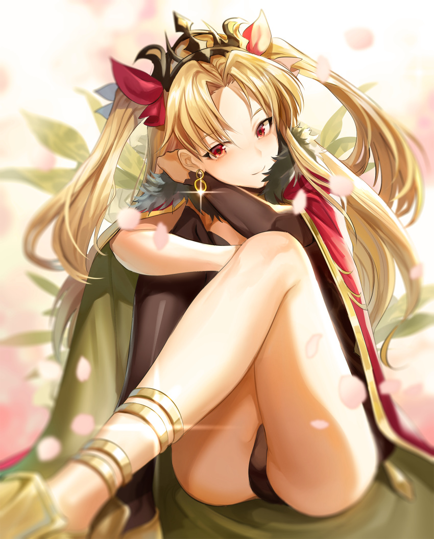 asymmetrical_legwear asymmetrical_sleeves black_panties black_sleeves black_thighhighs blonde_hair blurry blurry_background blurry_foreground boba bow cloak closed_mouth commentary earrings ereshkigal_(fate) fate/grand_order fate_(series) feet_out_of_frame female fur-trimmed_cloak fur_trim glint hair_intakes hairbow highres hugging_own_legs jewelry long_hair long_sleeves looking_at_viewer panties petals plant red_bow red_eyes single_sleeve single_thighhigh sitting smile solo sparkle thighhighs tiara two_side_up underwear uneven_sleeves very_long_hair white_background