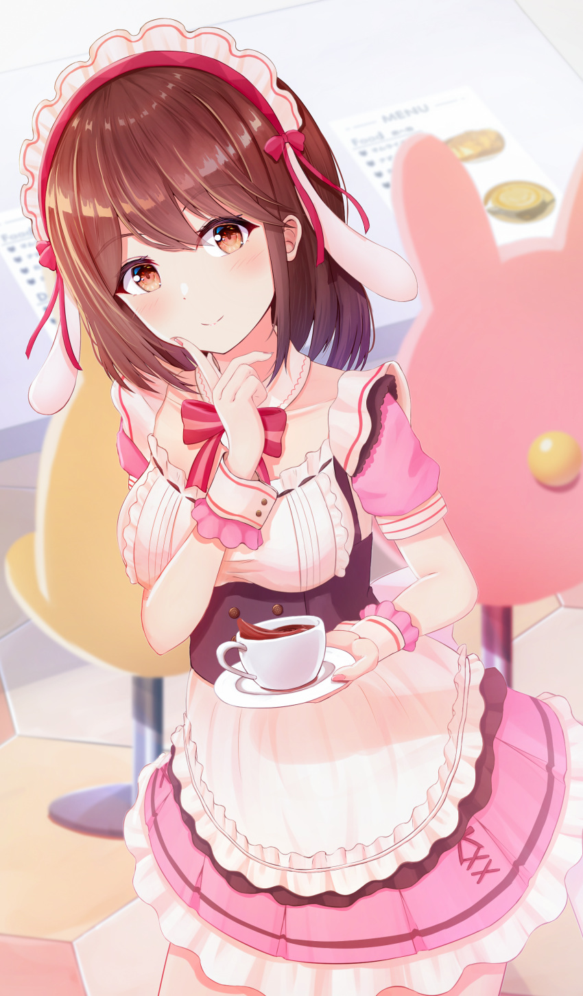 absurdres bow brown_eyes brown_hair coffee coffee_mug cup female hair_between_eyes hair_ornament highres hikkyou holding holding_cup looking_at_viewer maid masquerade_channel momoka_mocha mug red_bow smile solo virtual_youtuber