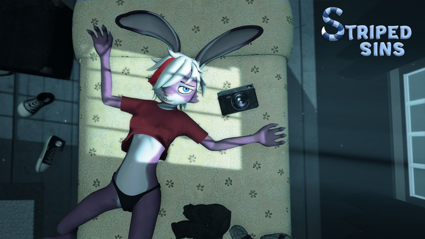 16:9 3d_(artwork) anthro bed bedroom camera clothed clothing clothing_aside clothing_lift digital_media_(artwork) female footwear fur furniture hair june_(striped_sins) lagomorph leporid mammal night panties partially_clothed purple_body purple_fur rabbit shirt shoes sneakers solo striped_sins t-shirt topwear underwear white_hair widescreen willitfit