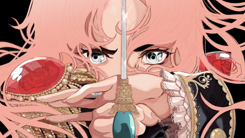 black_background female floating_hair flower grey_eyes highres holding holding_sword holding_weapon jewelry looking_at_viewer pimientosdulces pink_hair portrait red_flower red_rose ring rose shadow shoujo_kakumei_utena solo sword tenjou_utena twitter_username weapon