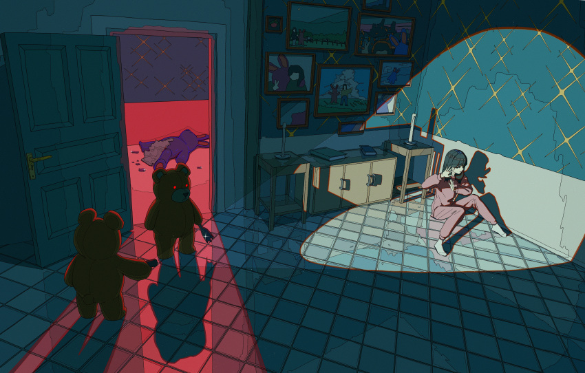 absurdres black_hair broken_bottle cabinet closed_eyes female glint hands_up highres kenharu long_hair long_sleeves original pajamas pink_pajamas shadow socks solo spotlight stuffed_animal stuffed_toy teddy_bear tile_floor tiles white_socks wide_shot