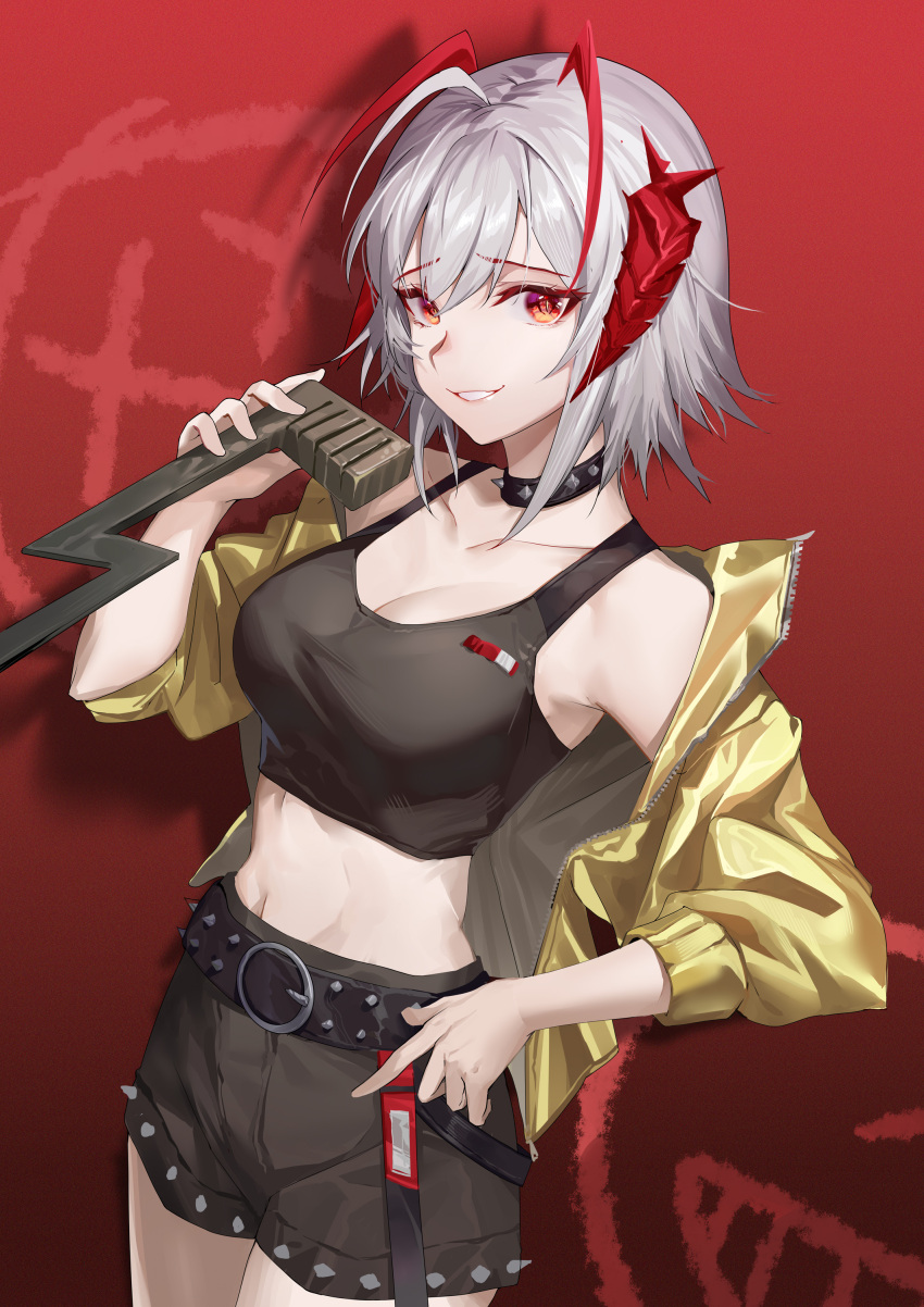 absurdres ahoge ambience_synesthesia antennae arknights bare_shoulders belt black_belt black_shorts black_tank_top breasts cleavage collarbone commentary_request cowboy_shot crop_top drop_shadow female grey_hair grin highres holding hongbaise_raw horns jacket large_breasts long_sleeves looking_at_viewer midriff navel off_shoulder open_clothes open_jacket orange_eyes red_background short_hair short_shorts shorts smile solo standing stomach tank_top w_(arknights) w_(cannot_wait_for)_(arknights) yellow_jacket