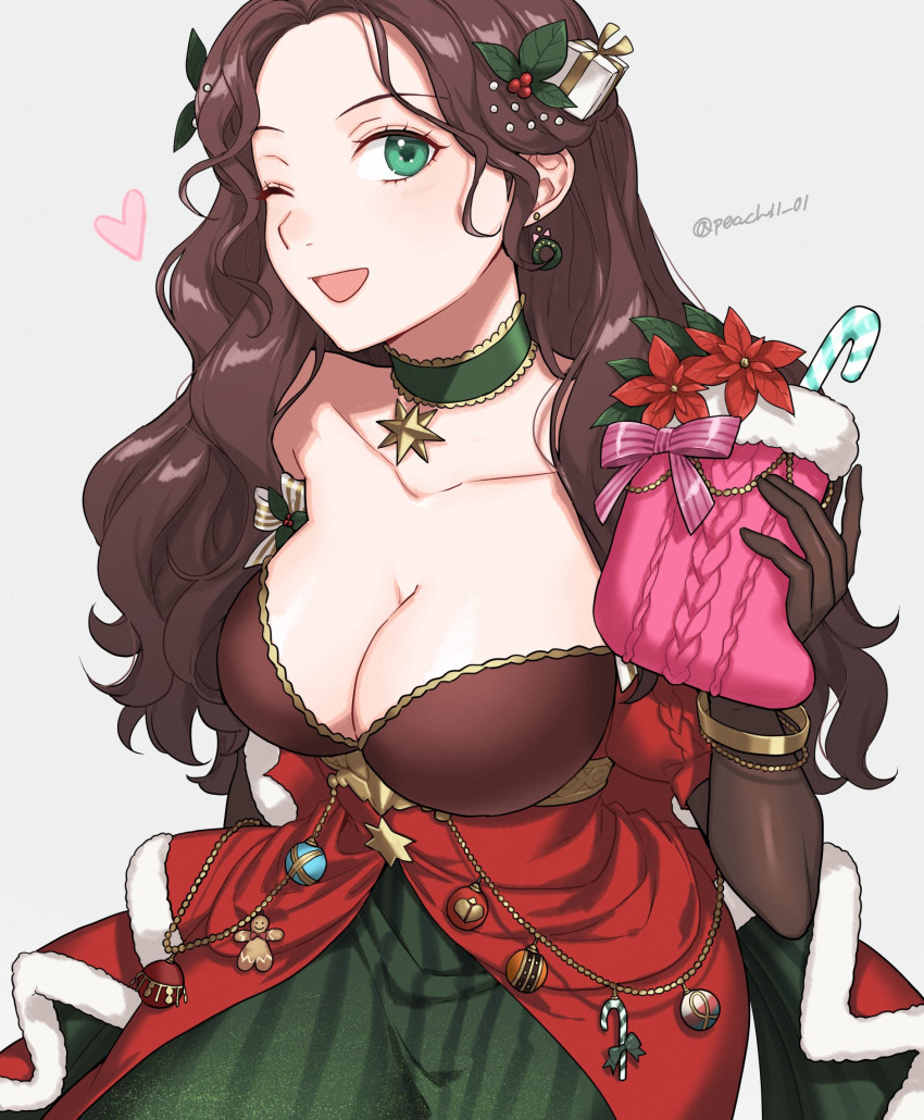 breasts brown_hair christmas cleavage collarbone dorothea_arnault dorothea_arnault_(winter) dress female fire_emblem fire_emblem:_three_houses fire_emblem_heroes fire_emblem_warriors:_three_hopes frilled_dress frills fur_trim green_eyes highres large_breasts long_hair looking_at_viewer official_alternate_costume official_alternate_hairstyle one_eye_closed open_mouth peach11_01 red_dress smile solo