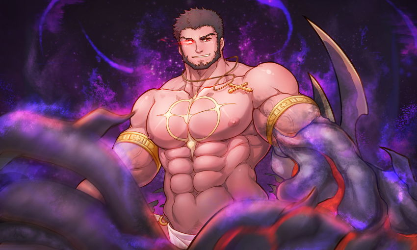 1boy abs armlet avenger_(dungeon_and_fighter) bad_id bad_pixiv_id bara beard brown_hair chest_tattoo cross cross_necklace dungeon_and_fighter eye_trail facial_hair glowing glowing_eye gold highres jewelry kulolin large_pectorals light_trail loincloth male_focus male_priest_(dungeon_and_fighter) mature_male monster_boy monsterification muscular muscular_male navel necklace nipples octopus_boy paid_reward_available pectorals priest red_eyes short_hair solo stomach tattoo tentacle tentacle_hands topless_male veins