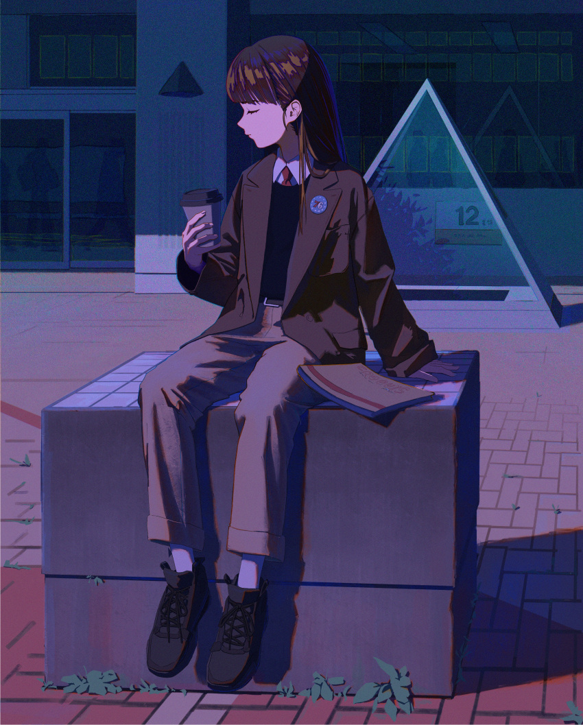 absurdres belt black_footwear brown_jacket brown_pants closed_eyes collared_shirt commentary female full_body highres holding jacket kenharu necktie original outdoors pants profile red_necktie shadow shirt shoes sitting solo white_shirt