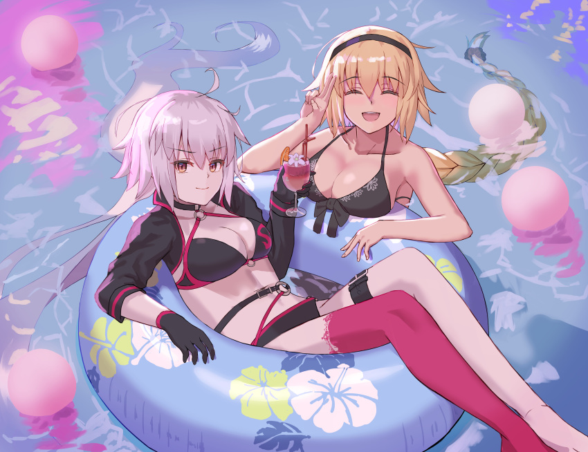 2girls absurdres ahoge bare_shoulders bikini black_bikini black_choker black_gloves blonde_hair blue_eyes breasts choker collarbone commentary fate/grand_order fate_(series) gloves high_ponytail highres innertube jeanne_d'arc_(fate) jeanne_d'arc_(swimsuit_archer)_(fate) jeanne_d'arc_(swimsuit_archer)_(first_ascension)_(fate) jeanne_d'arc_alter_(fate) jeanne_d'arc_alter_(swimsuit_berserker)_(fate) large_breasts long_hair motukan multiple_girls o-ring o-ring_bikini o-ring_bottom one-piece_swimsuit red_legwear sideboob single_glove single_thighhigh swim_ring swimsuit thigh_strap thighhighs very_long_hair white_hair